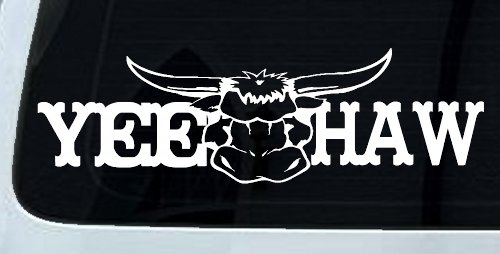 Yee Haw with Longhorn Skull Country Car or Truck Window Decal Sticker (White)