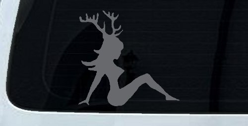 Mudflap Girl with Deer Horns Hunting Car or Truck Window Decal Sticker (Silver)