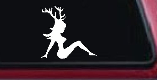 Mudflap Girl with Deer Horns Hunting Car or Truck Window Decal Sticker (White)