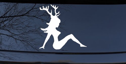 Mudflap Girl with Deer Horns Hunting Car or Truck Window Decal Sticker (White)