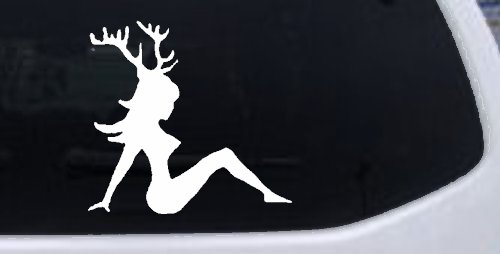 Mudflap Girl with Deer Horns Hunting Car or Truck Window Decal Sticker (White)