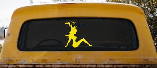 Mudflap Girl with Deer Horns Hunting Car or Truck Window Decal Sticker (Yellow)
