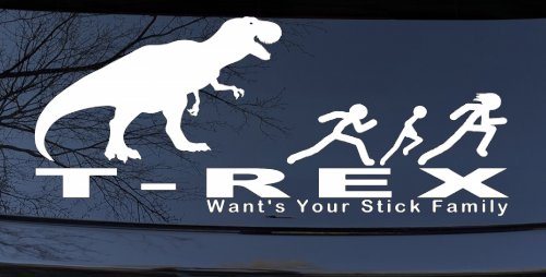 T Rex Wants Your Stick Family Funny Car or Truck Window Vinyl Decal Sticker (White)