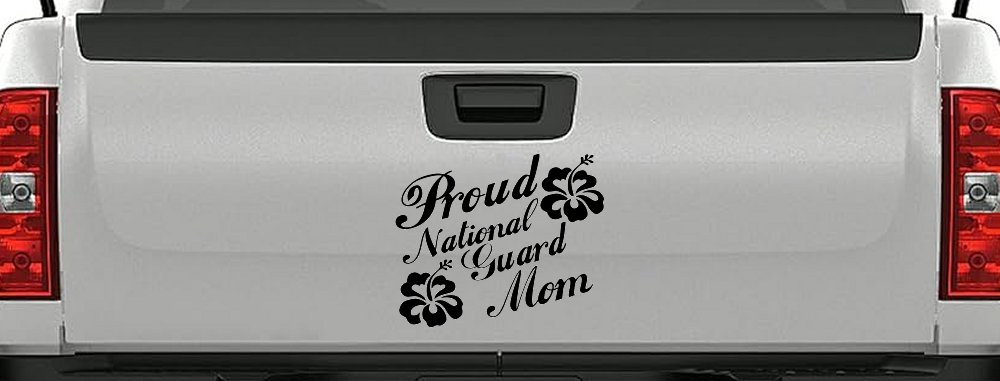 Proud National Guard Mom Hibiscus Flowers Military Car or Truck Window Decal Sticker (Black)