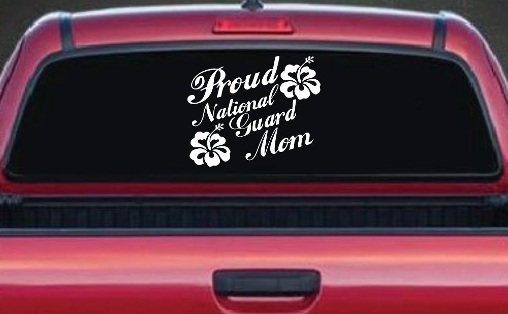 Proud National Guard Mom Hibiscus Flowers Military Car or Truck Window Decal Sticker (White)