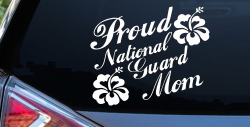 Proud National Guard Mom Hibiscus Flowers Military Car or Truck Window Vinyl Decal Sticker (White)