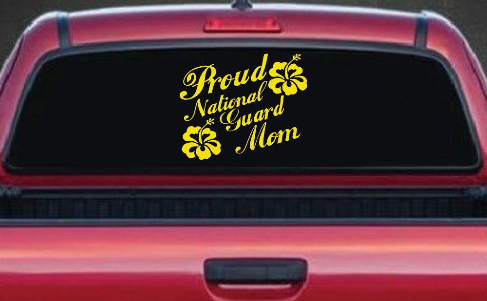 Proud National Guard Mom Hibiscus Flowers Military Car or Truck Window Decal Sticker (Yellow)