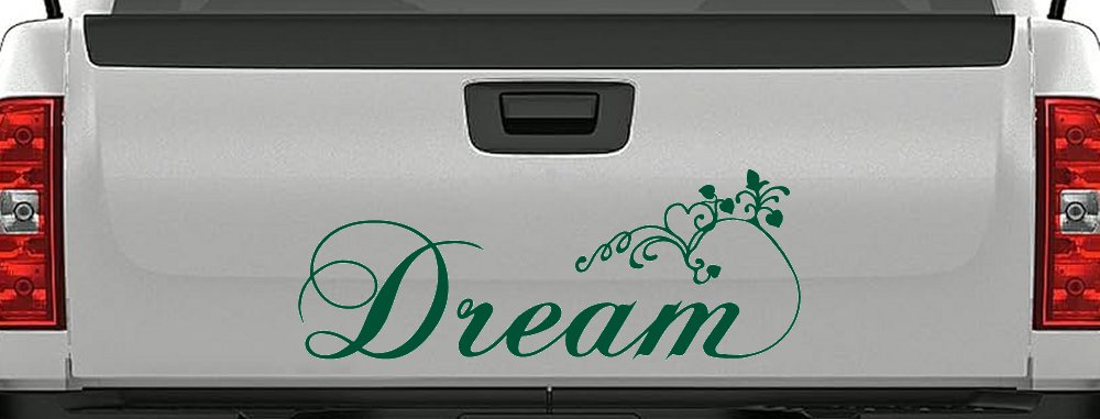 Dream with Swirls and Hearts Girlie Car or Truck Window Decal Sticker (Dark Green)