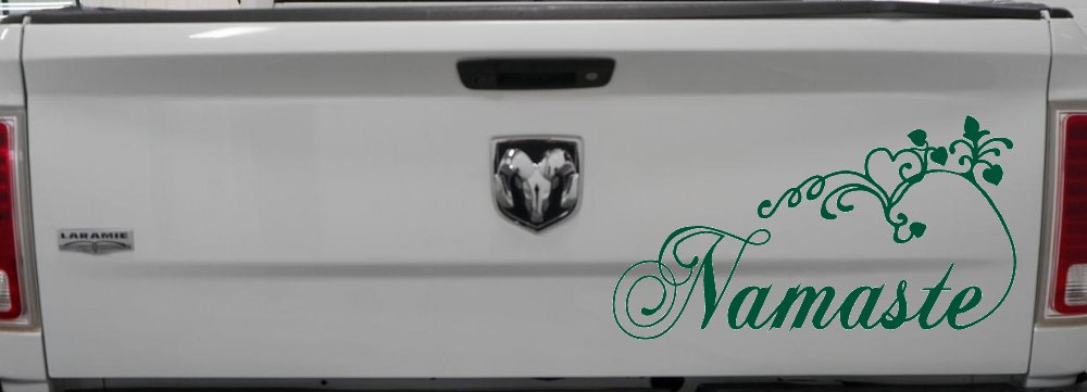 Namaste with Swirls and Hearts Yoga Car or Truck Window Vinyl Decal Sticker (Dark Green)