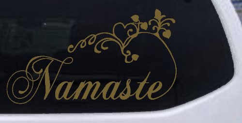 Namaste with Swirls and Hearts Yoga Car or Truck Window Decal Sticker (Gold)