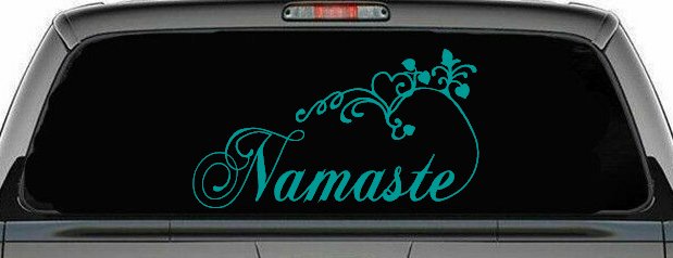 Namaste with Swirls and Hearts Yoga Car or Truck Window Vinyl Decal Sticker (Turquoise)