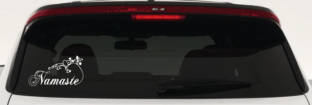 Namaste with Swirls and Hearts Yoga Car or Truck Window Decal Sticker (White)