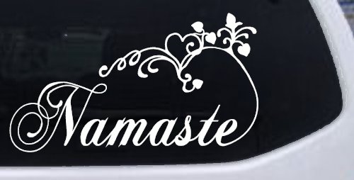 Namaste with Swirls and Hearts Yoga Car or Truck Window Vinyl Decal Sticker (White)
