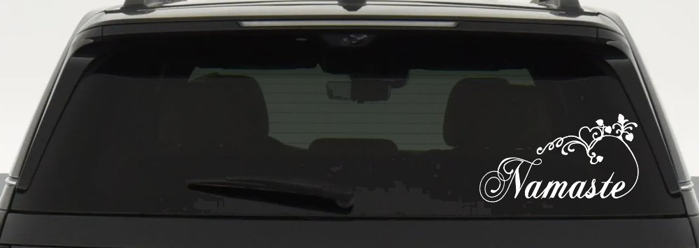 Namaste with Swirls and Hearts Yoga Car or Truck Window Vinyl Decal Sticker (White)