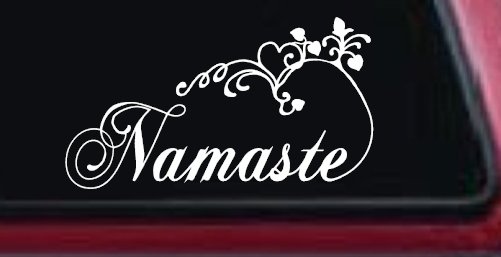 Namaste with Swirls and Hearts Yoga Car or Truck Window Decal Sticker (White)