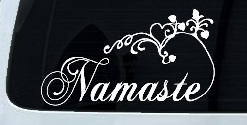 Namaste with Swirls and Hearts Yoga Car or Truck Window Vinyl Decal Sticker (White)