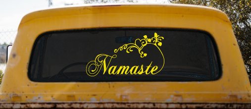 Namaste with Swirls and Hearts Yoga Car or Truck Window Decal Sticker (Yellow)