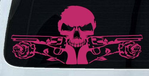 Roses Guns With Skull Biker Car or Truck Window Vinyl Decal Sticker (Hot Pink)