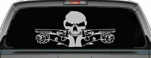 Roses Guns With Skull Biker Car or Truck Window Decal Sticker (Light Gray)