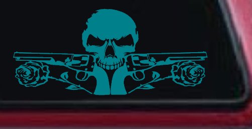 Roses Guns With Skull Biker Car or Truck Window Decal Sticker (Turquoise Blue)