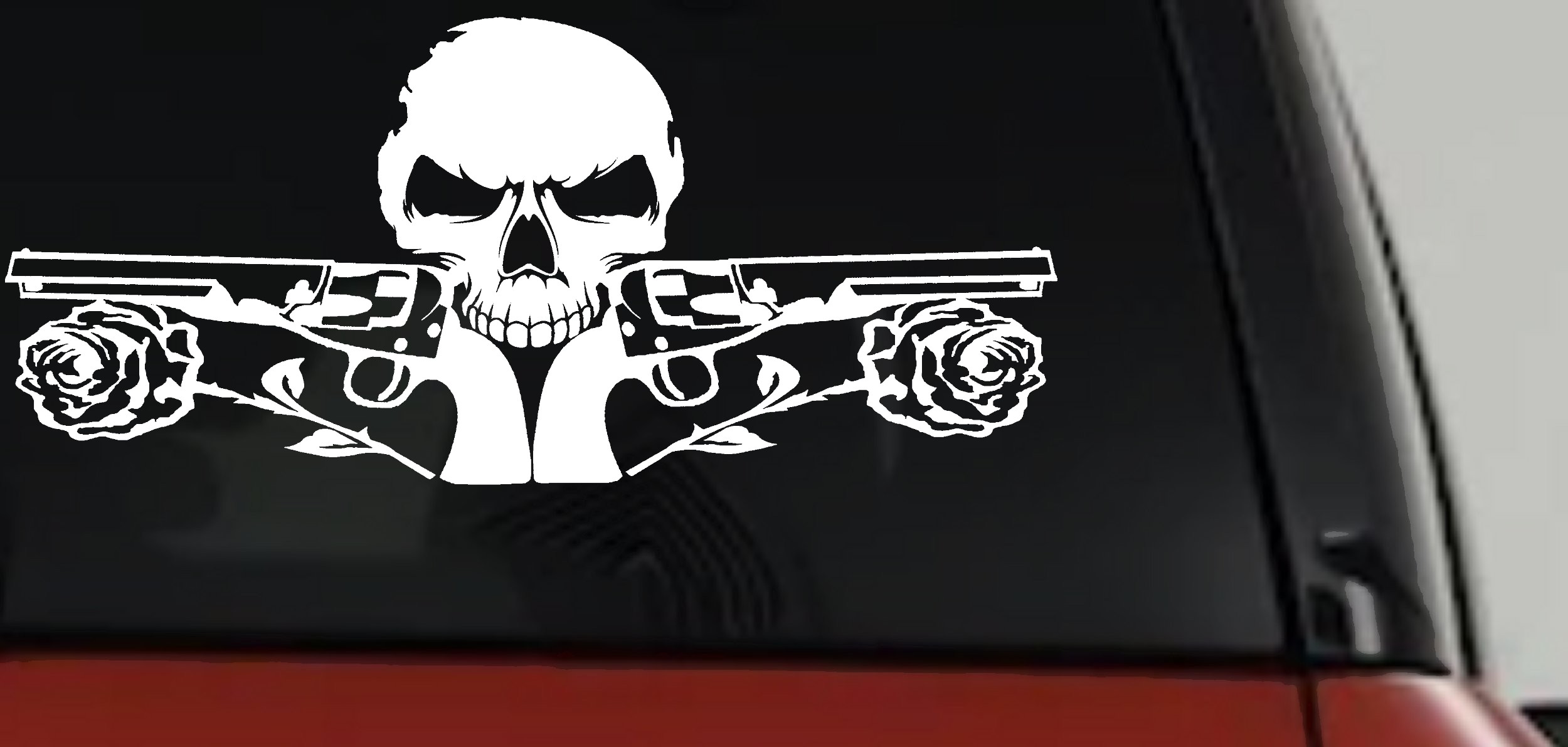 Roses Guns With Skull Biker Car or Truck Window Vinyl Decal Sticker (White)