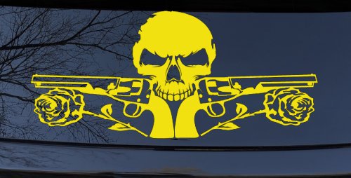Roses Guns With Skull Biker Car or Truck Window Vinyl Decal Sticker (Yellow)