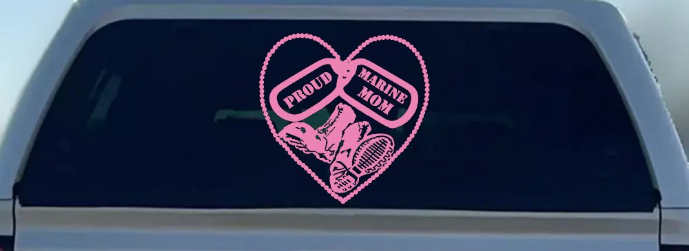Proud Marine Mom Dog Tags Heart Combat Boots  Military Car or Truck Window Decal Sticker (Pink)