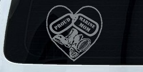 Proud Marine Mom Dog Tags Heart Combat Boots  Military Car or Truck Window Decal Sticker (Telegrey)