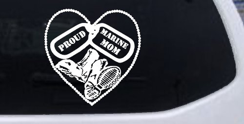 Proud Marine Mom Dog Tags Heart Combat Boots  Military Car or Truck Window Decal Sticker (White)