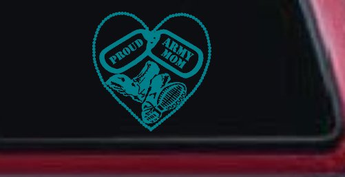 Proud Army Mom Dog Tags Heart Combat Boots  Military Car or Truck Window Decal Sticker (Turquoise Blue)