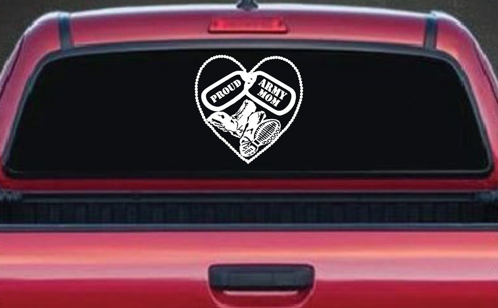 Proud Army Mom Dog Tags Heart Combat Boots  Military Car or Truck Window Decal Sticker (White)