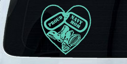 Proud Navy Mom Dog Tags Heart Combat Boots  Military Car or Truck Window Decal Sticker (Mint)