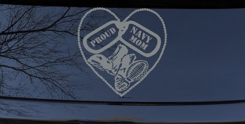 Proud Navy Mom Dog Tags Heart Combat Boots  Military Car or Truck Window Decal Sticker (Telegrey)