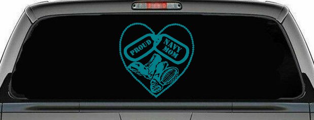 Proud Navy Mom Dog Tags Heart Combat Boots  Military Car or Truck Window Decal Sticker (Turquoise Blue)