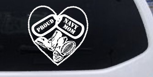 Proud Navy Mom Dog Tags Heart Combat Boots  Military Car or Truck Window Decal Sticker (White)