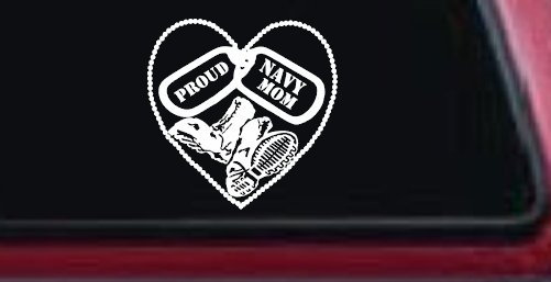 Proud Navy Mom Dog Tags Heart Combat Boots  Military Car or Truck Window Decal Sticker (White)
