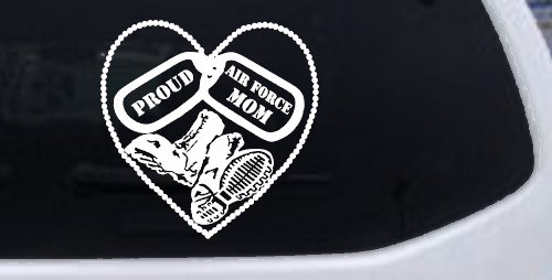 Proud Air Force Mom Dog Tags Heart Combat Boots  Military Car or Truck Window Decal Sticker (White)