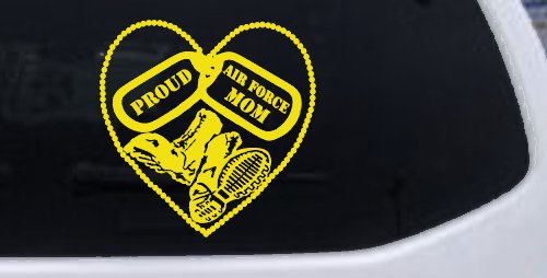 Proud Air Force Mom Dog Tags Heart Combat Boots  Military Car or Truck Window Decal Sticker (Yellow)