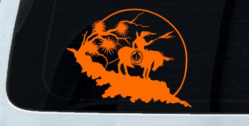 Native American Indian On Horse Desert Scene Western Car or Truck Window Decal Sticker (Orange)