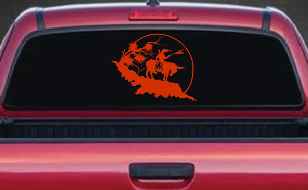 Native American Indian On Horse Desert Scene Western Car or Truck Window Vinyl Decal Sticker (Orange Red)