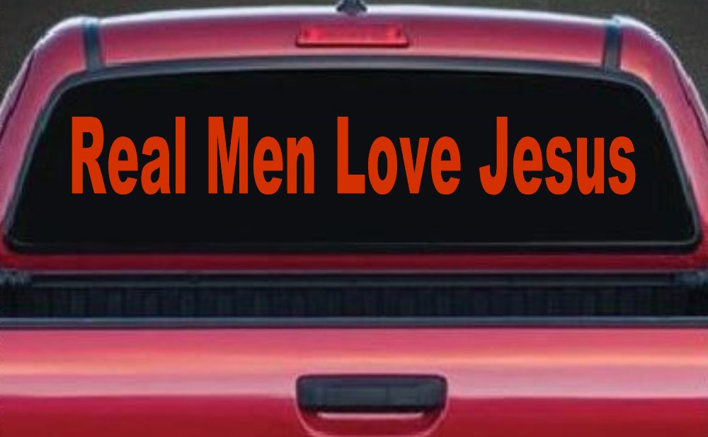 Real Men Love Jesus Christian Car or Truck Window Vinyl Decal Sticker (Orange Red)