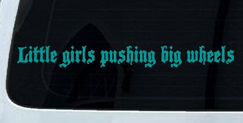 Little Girls Pushing Big Wheels Off Road Car or Truck Window Vinyl Decal Sticker (Turquoise)