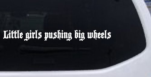 Little Girls Pushing Big Wheels Off Road Car or Truck Window Vinyl Decal Sticker (White)