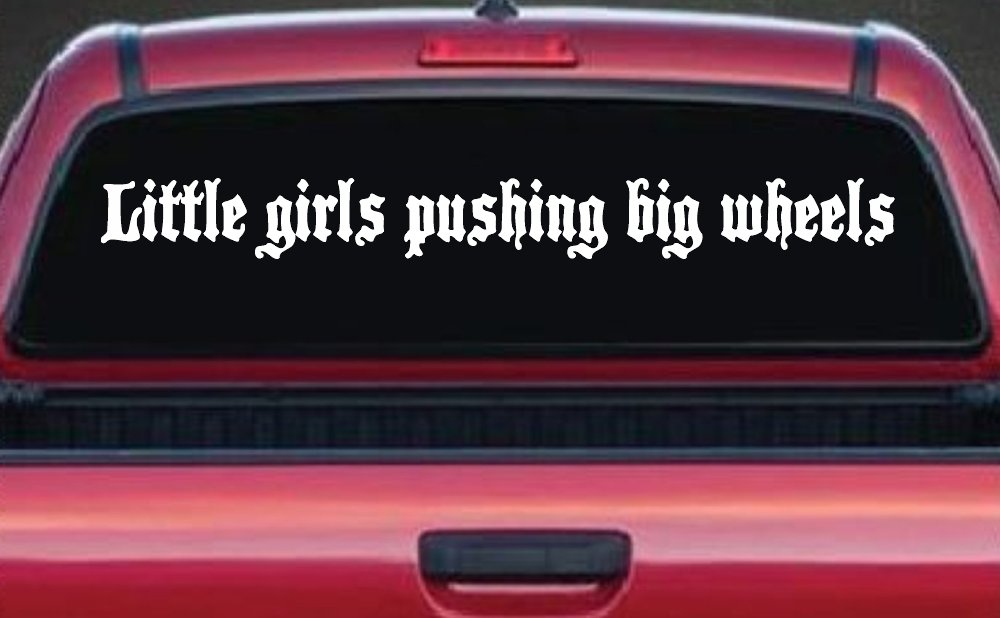 Little Girls Pushing Big Wheels Off Road Car or Truck Window Decal Sticker (White)