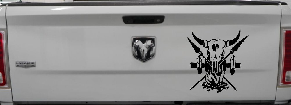 Bull Skull Spears Campfire Feathers Western Native American Indian Car or Truck Window Decal Sticker (Black)