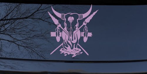 Bull Skull Spears Campfire Feathers Western Native American Indian Car or Truck Window Decal Sticker