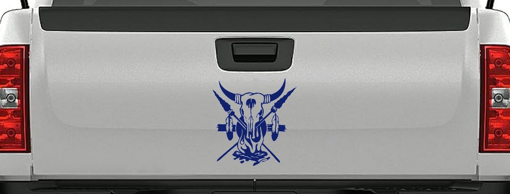 Bull Skull Spears Campfire Feathers Western Native American Indian Car or Truck Window Decal Sticker (Navy)