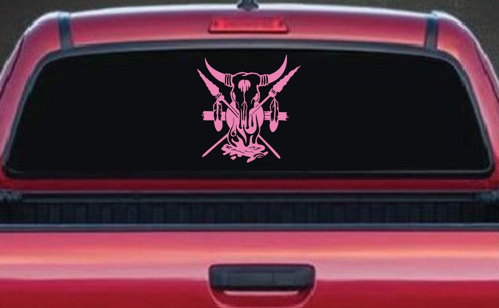 Bull Skull Spears Campfire Feathers Western Native American Indian Car or Truck Window Vinyl Decal Sticker (Pink)