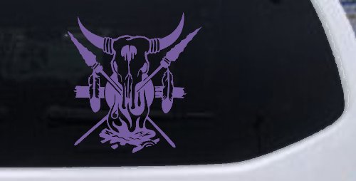 Bull Skull Spears Campfire Feathers Western Native American Indian Car or Truck Window Vinyl Decal Sticker (Purple)