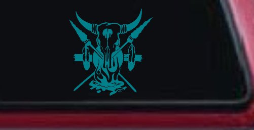 Bull Skull Spears Campfire Feathers Western Native American Indian Car or Truck Window Decal Sticker